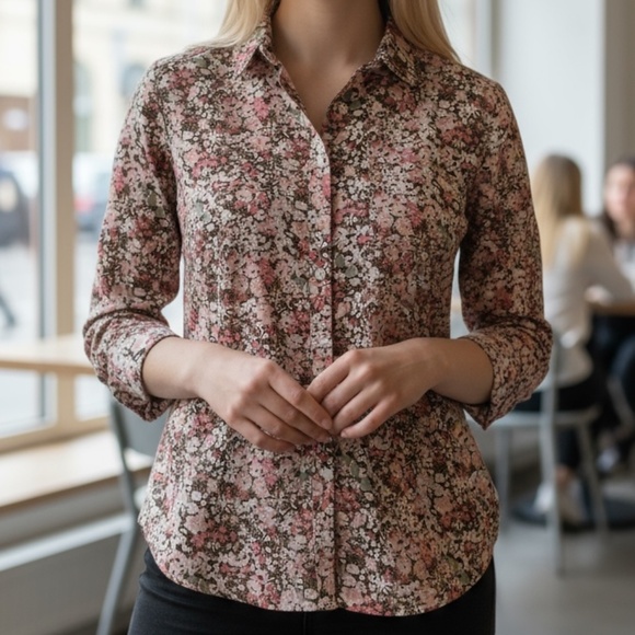 Ann Taylor LIFT The SOFTENED Floral Cotton  Long Sleeve Shirt NEW - Picture 1 of 8